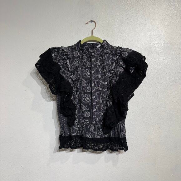 Hunter Bell NYC Black Gray Floral Stripe Eliza Ruffle Lace Top Sz 0 - Picture 2 of 11